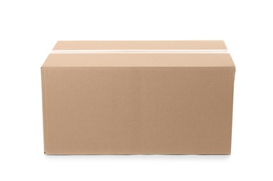 Photo of Cardboard box on white background. Mockup for design