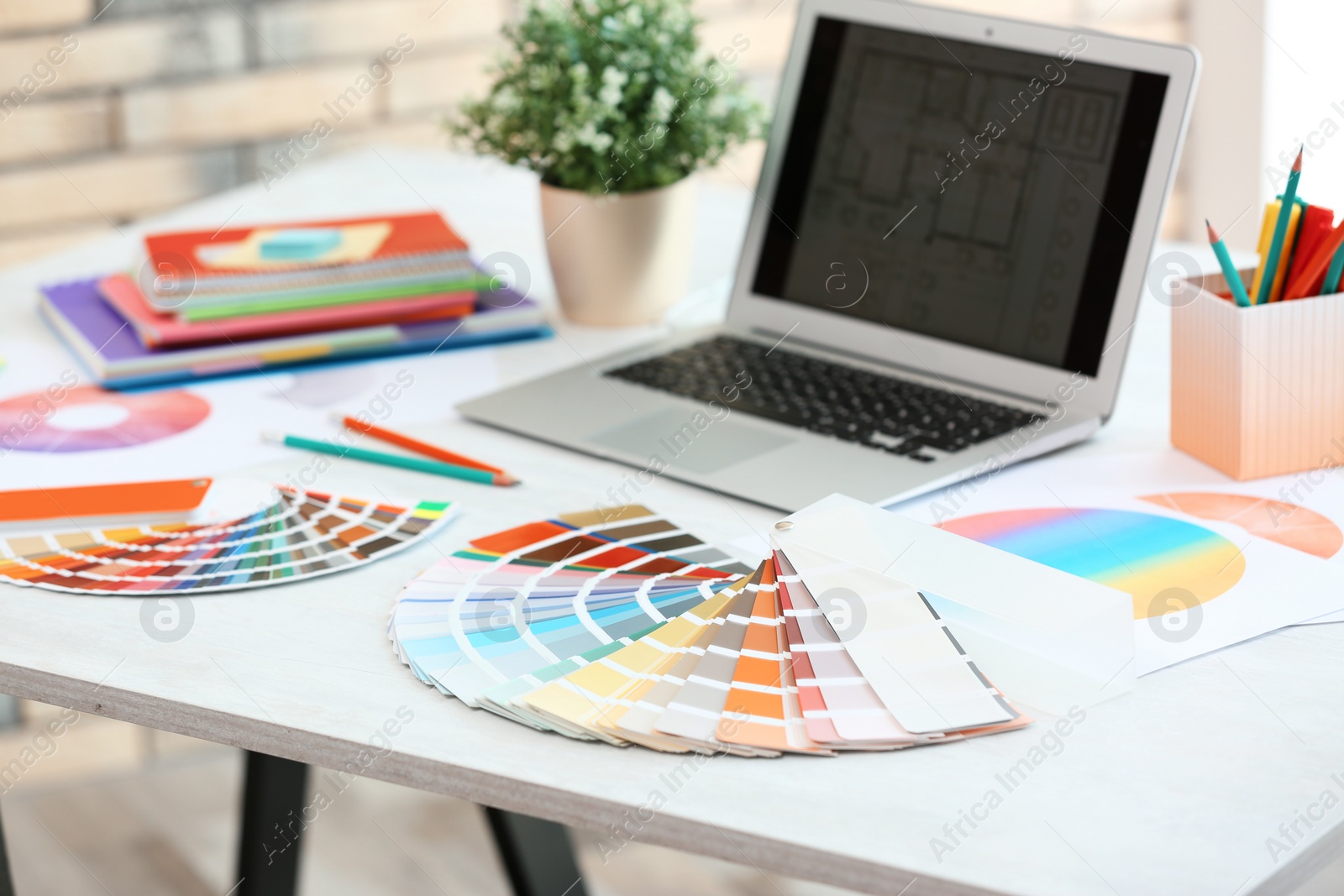 Photo of Paint color palette samples and laptop on table indoors