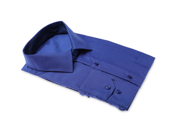 Stylish blue shirt isolated on white. Dry-cleaning service