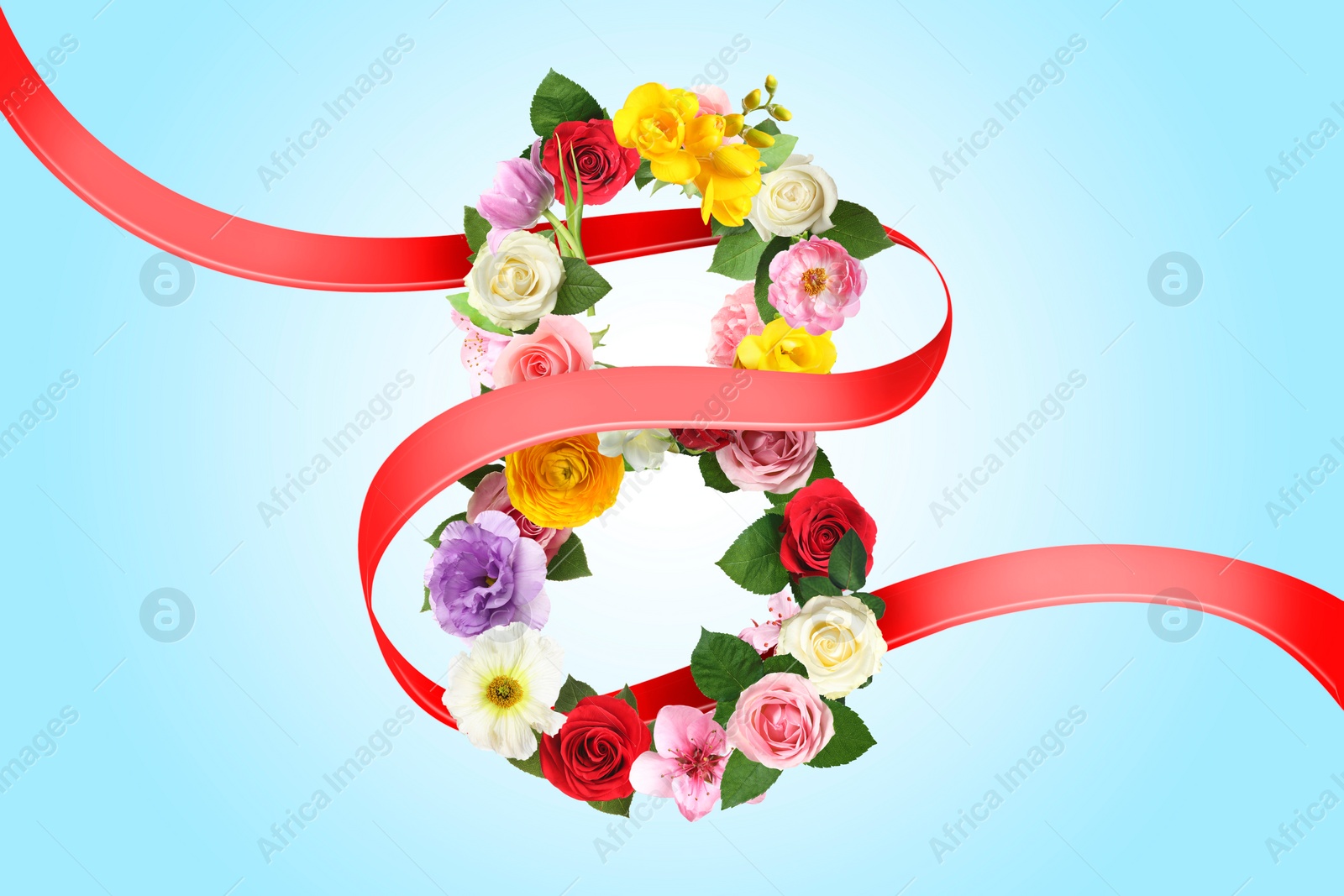 Image of International Women's Day - March 8. Card design with number 8 of bright flowers and ribbon on light blue background