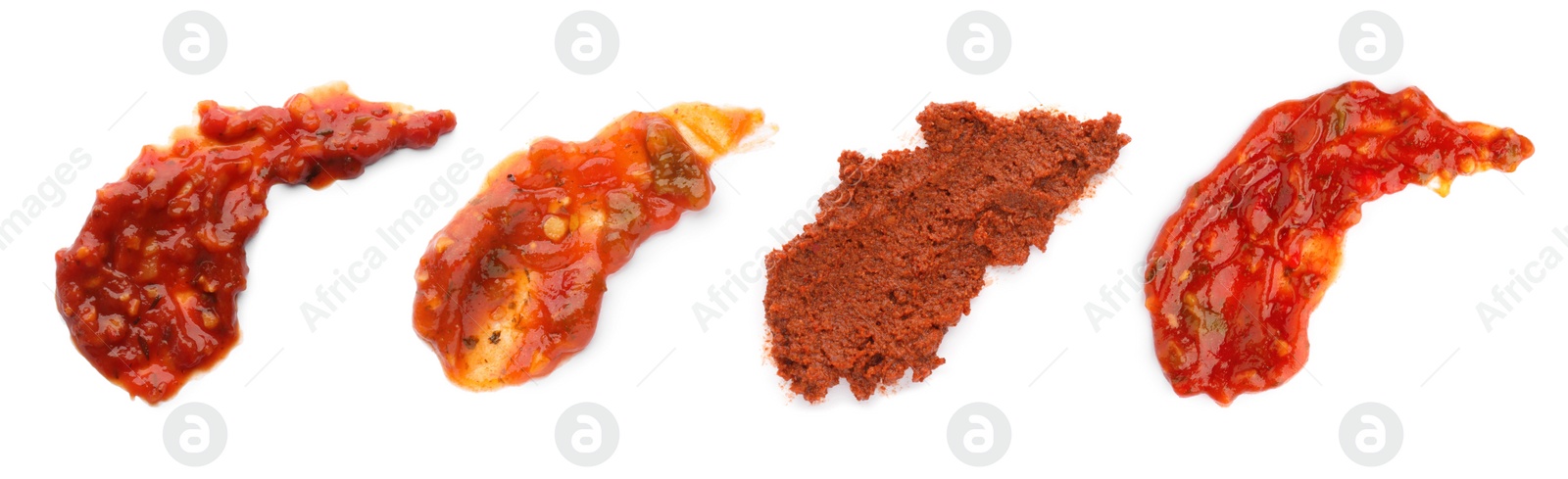 Image of Set with adjika sauce on white background, top view. Banner design