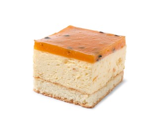 Piece of cheesecake with jelly on white background