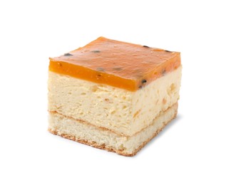 Photo of Piece of cheesecake with jelly on white background