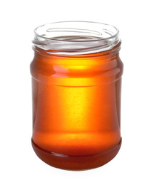 Photo of Jar with organic honey isolated on white