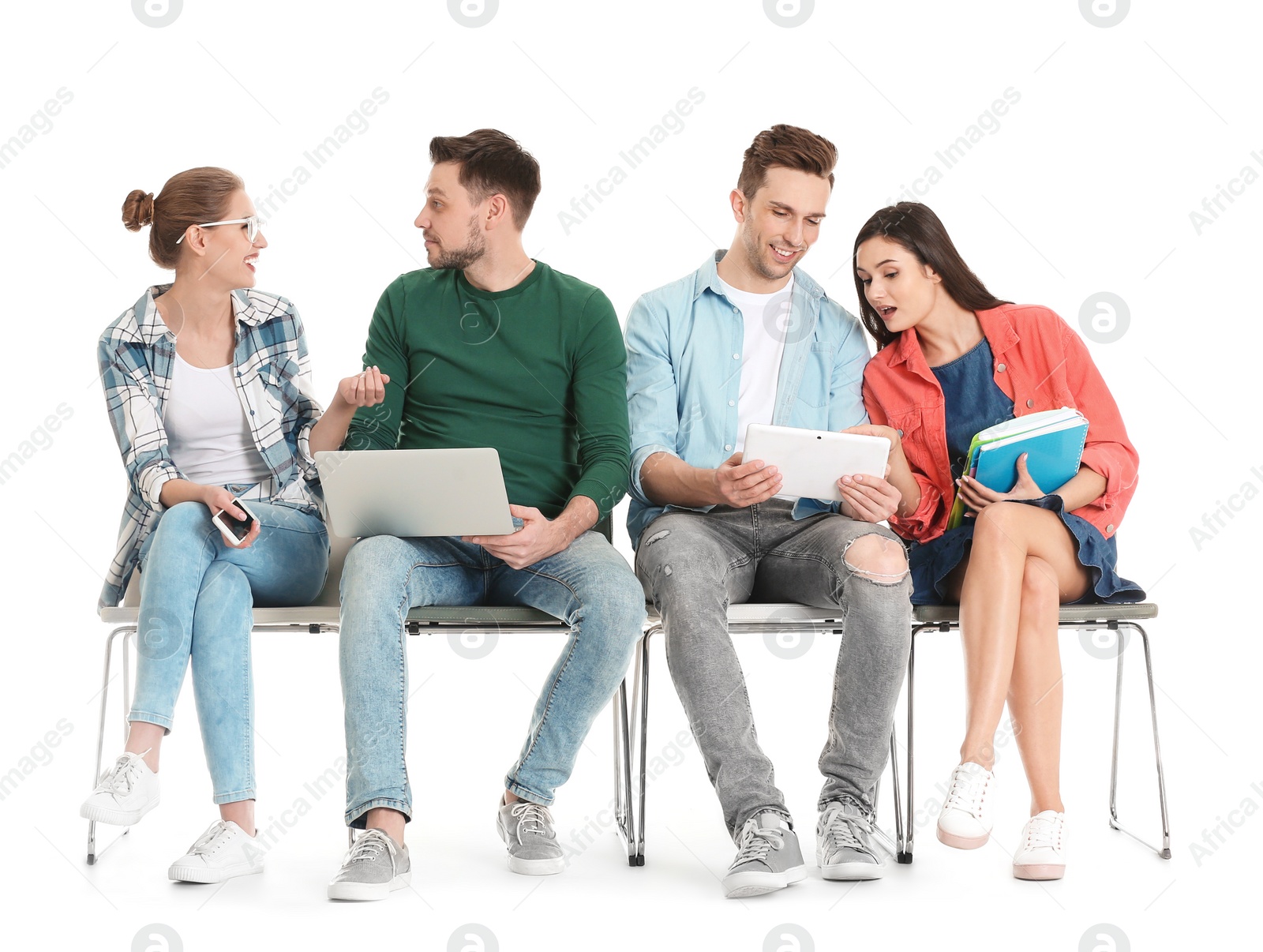 Photo of Group of people waiting for job interview on white background