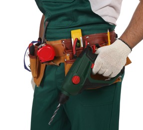 Photo of Worker in uniform with power drill on white background, closeup