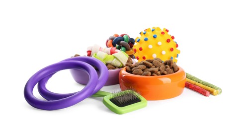 Different pet food and accessories isolated on white. Shop assortment