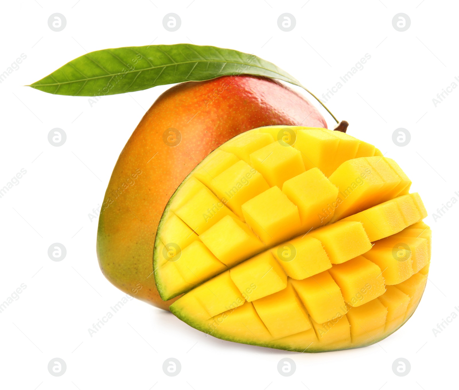 Photo of Delicious ripe mangoes on white background. Tropical fruit