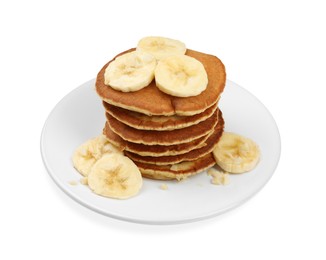 Photo of Plate of banana pancakes isolated on white
