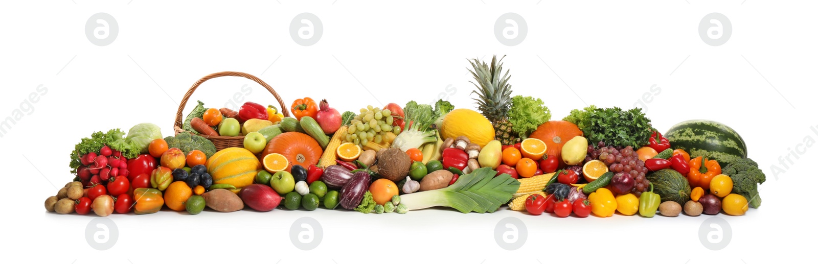 Photo of Assortment of fresh organic fruits and vegetables on white background. Banner design