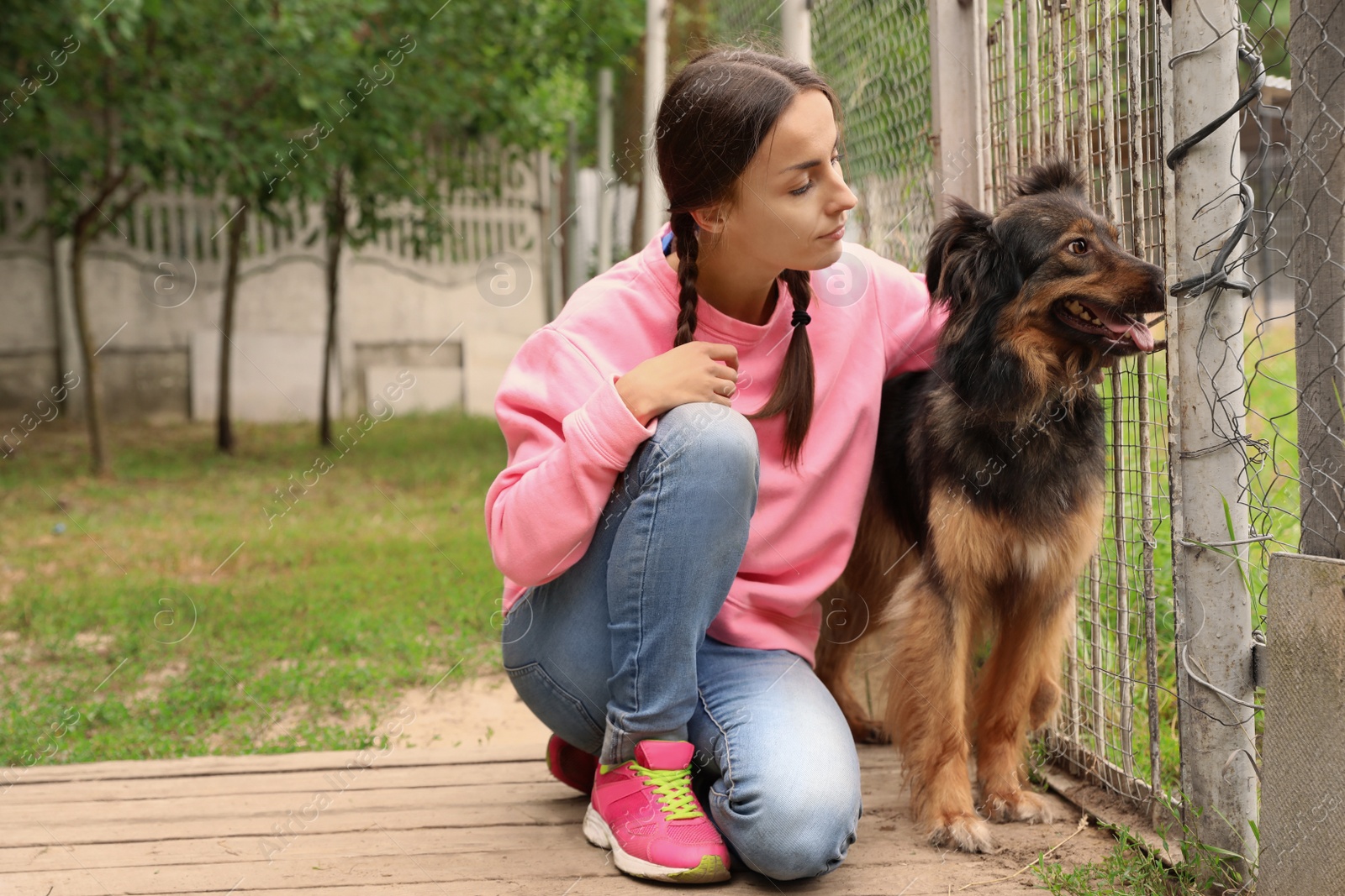 Photo of Female volunteer with homeless dog at animal shelter outdoors