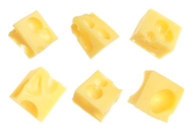 Image of Pieces of delicious cheese on white background, collage