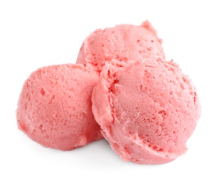 Photo of Scoops of delicious strawberry ice cream on white background