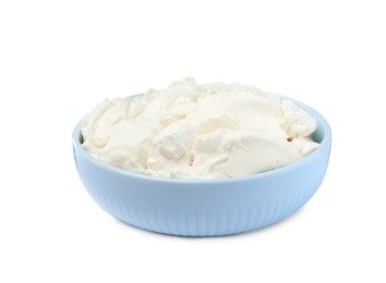 Photo of Bowl of tasty cream cheese isolated on white