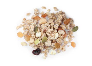 Photo of Pile of granola on white background, top view. Healthy snack