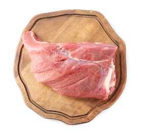 Photo of Wooden board with piece of raw beef meat isolated on white, top view