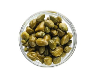 Capers in glass bowl isolated on white, top view