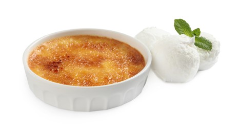 Photo of Delicious creme brulee and scoops of ice cream on white background