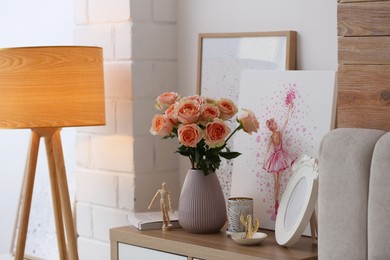 Photo of Vase with beautiful flowers in modern room interior