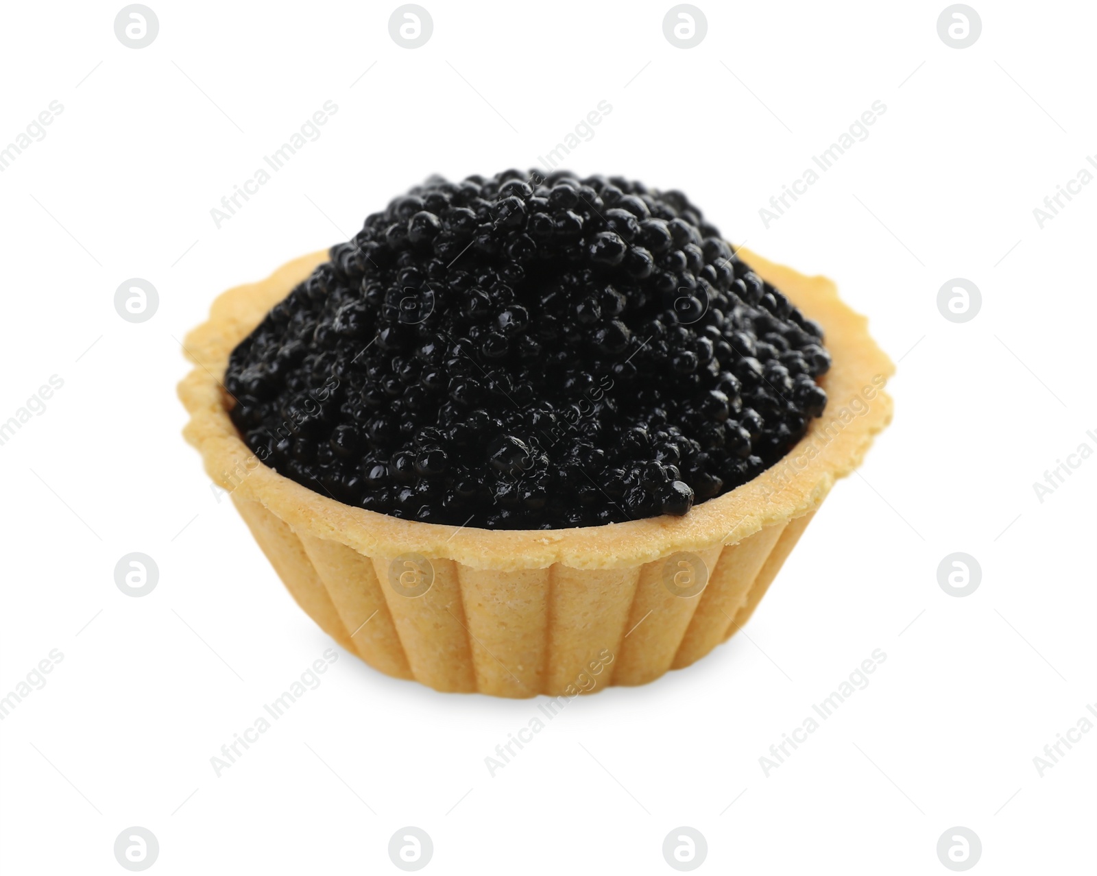 Photo of Delicious tartlet with black caviar on white background