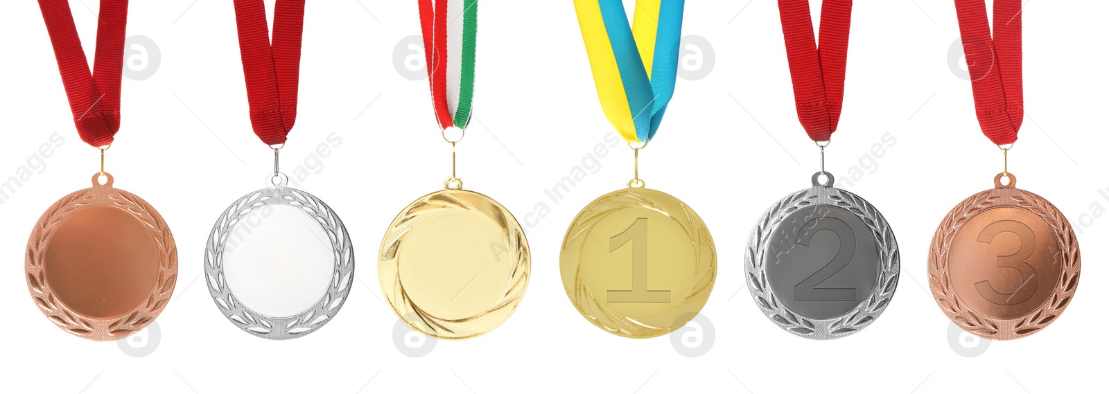 Image of Gold, silver and bronze medals isolated on white, set