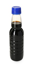 Tasty soy sauce in bottle isolated on white