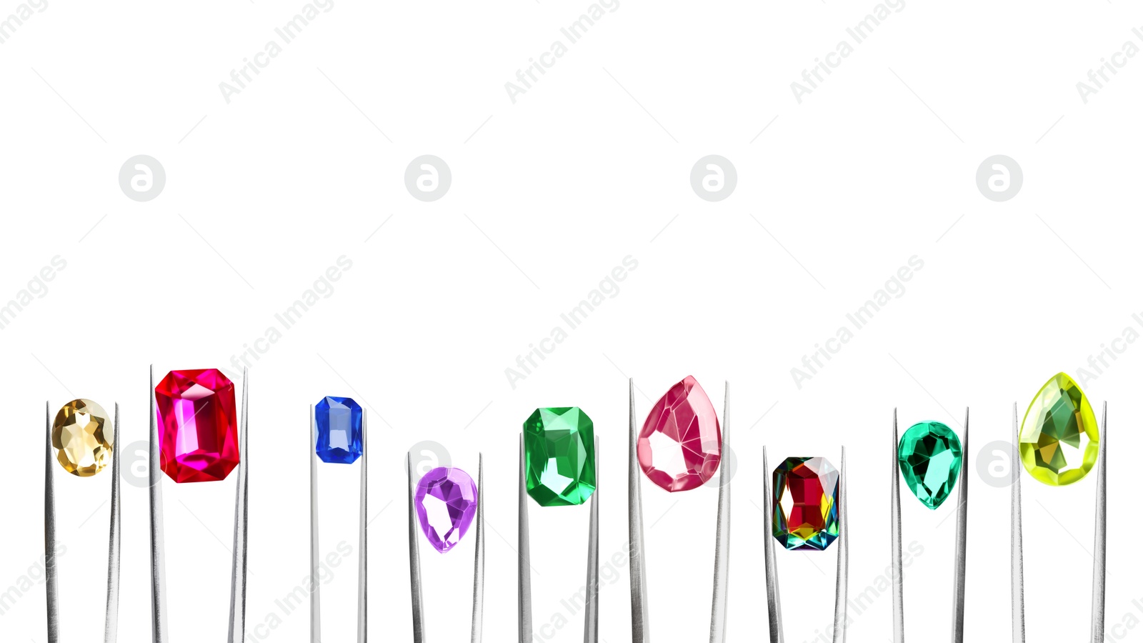 Image of Set of tweezers with different shiny gemstones on white background. Banner design