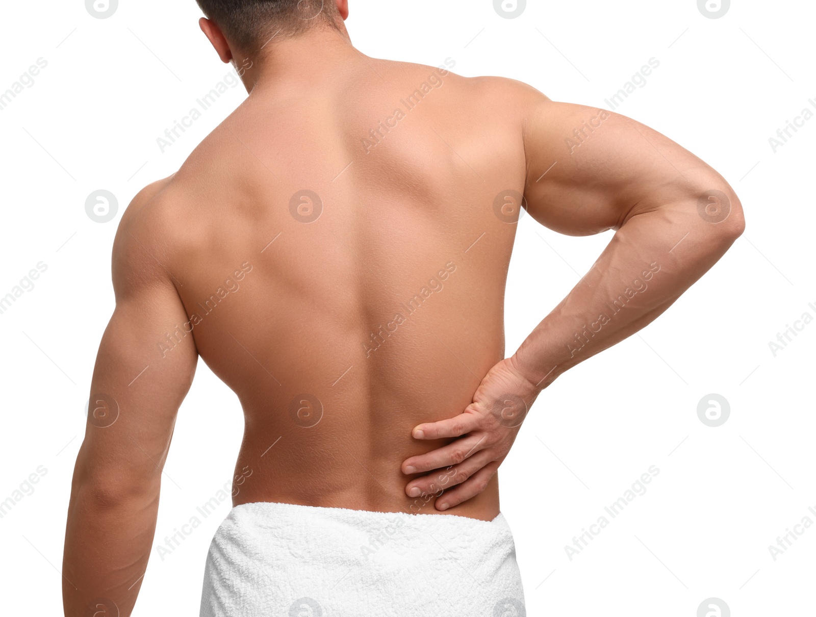 Photo of Man suffering from back pain on white background, back view