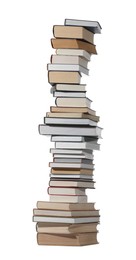 Photo of High stack of many different books isolated on white