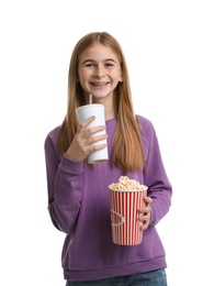 Photo of Teenage girl with popcorn and beverage during cinema show on white background