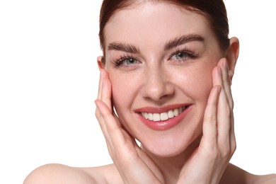 Portrait of smiling woman on white background, closeup