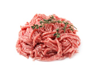 Photo of Pile of fresh raw ground meat and thyme isolated on white