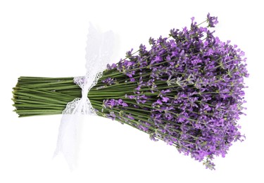 Beautiful bouquet of lavender flowers on white background, top view