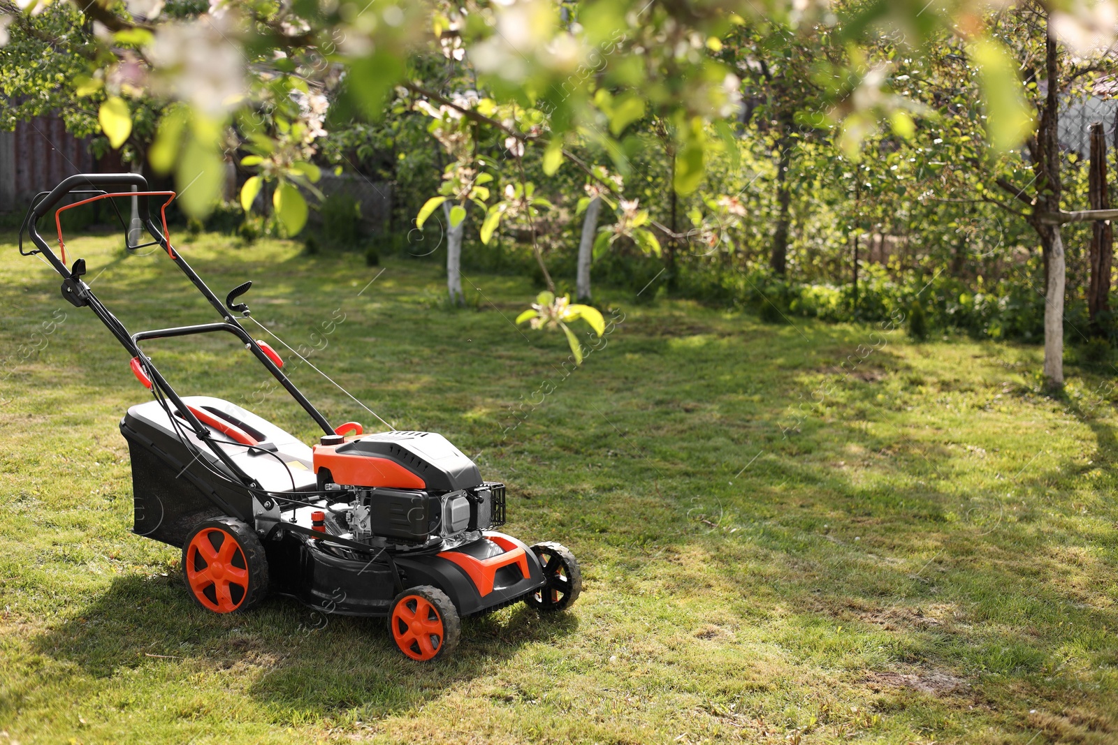 Photo of Modern lawn mower on green grass in garden