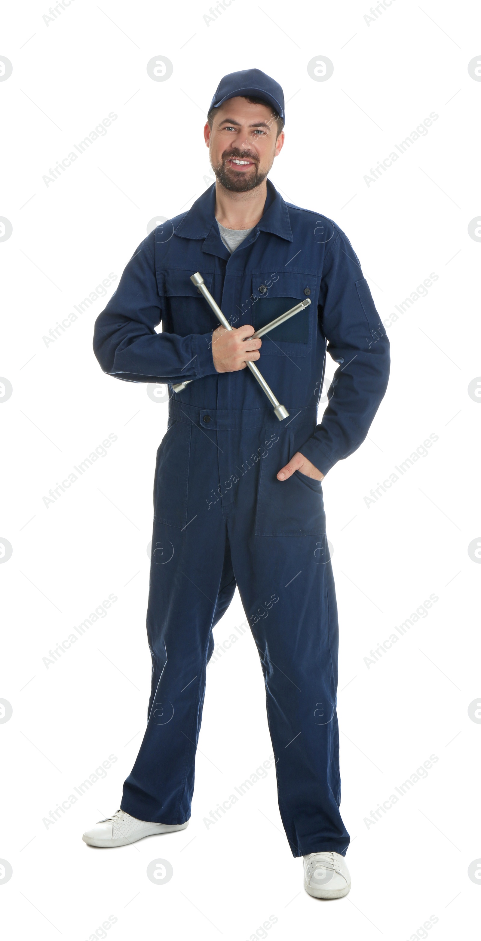 Photo of Full length portrait of professional auto mechanic with lug wrench on white background