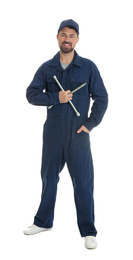 Photo of Full length portrait of professional auto mechanic with lug wrench on white background