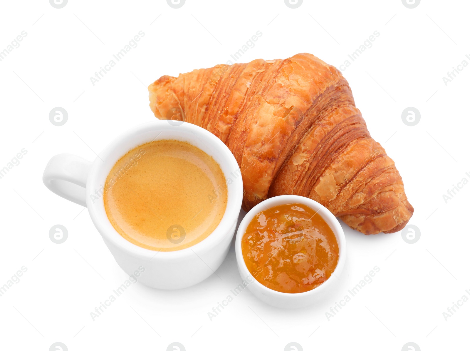 Photo of Fresh croissant, jam and coffee isolated on white, above view. Tasty breakfast