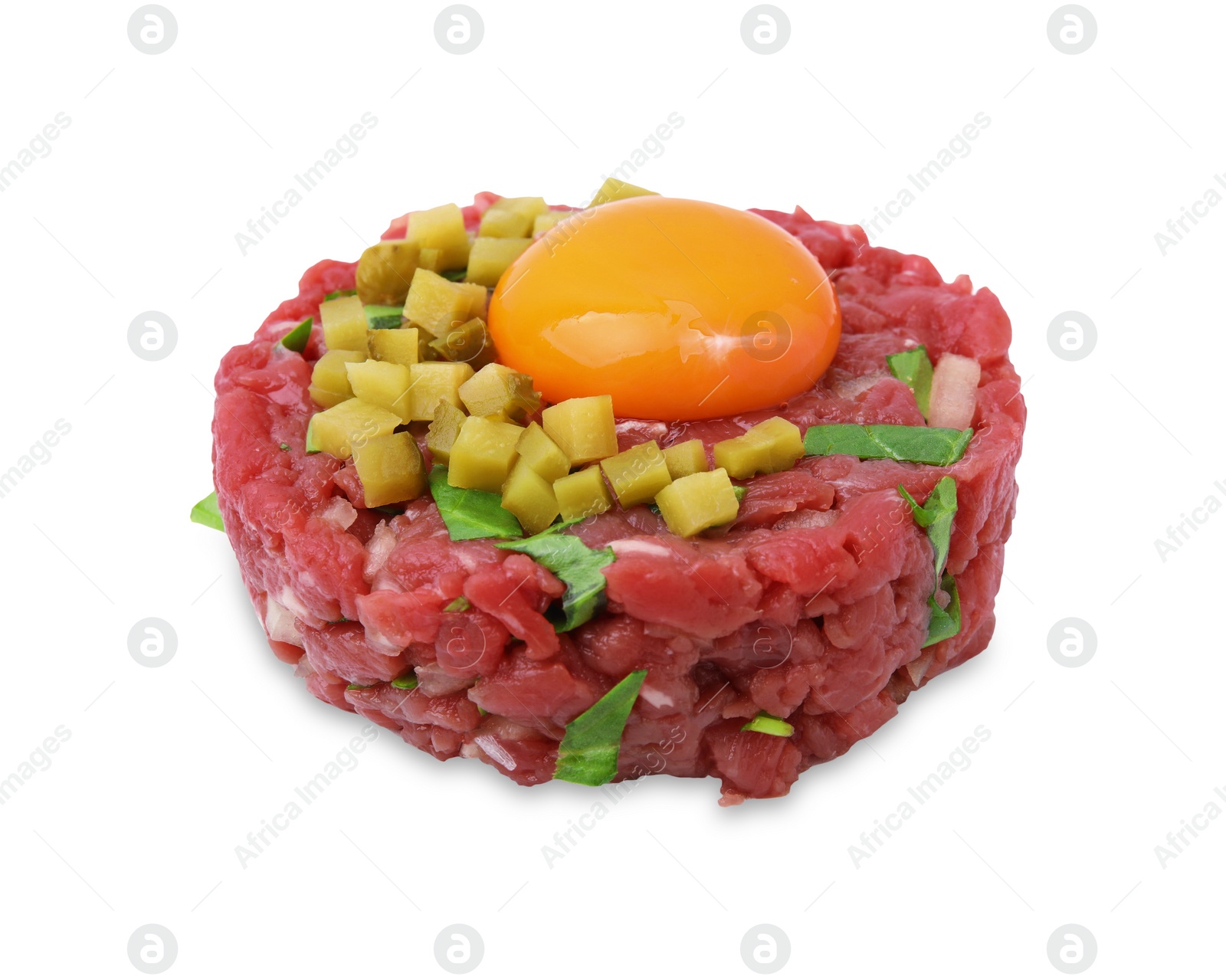 Photo of Tasty beef steak tartare served with yolk and pickled cucumber isolated on white