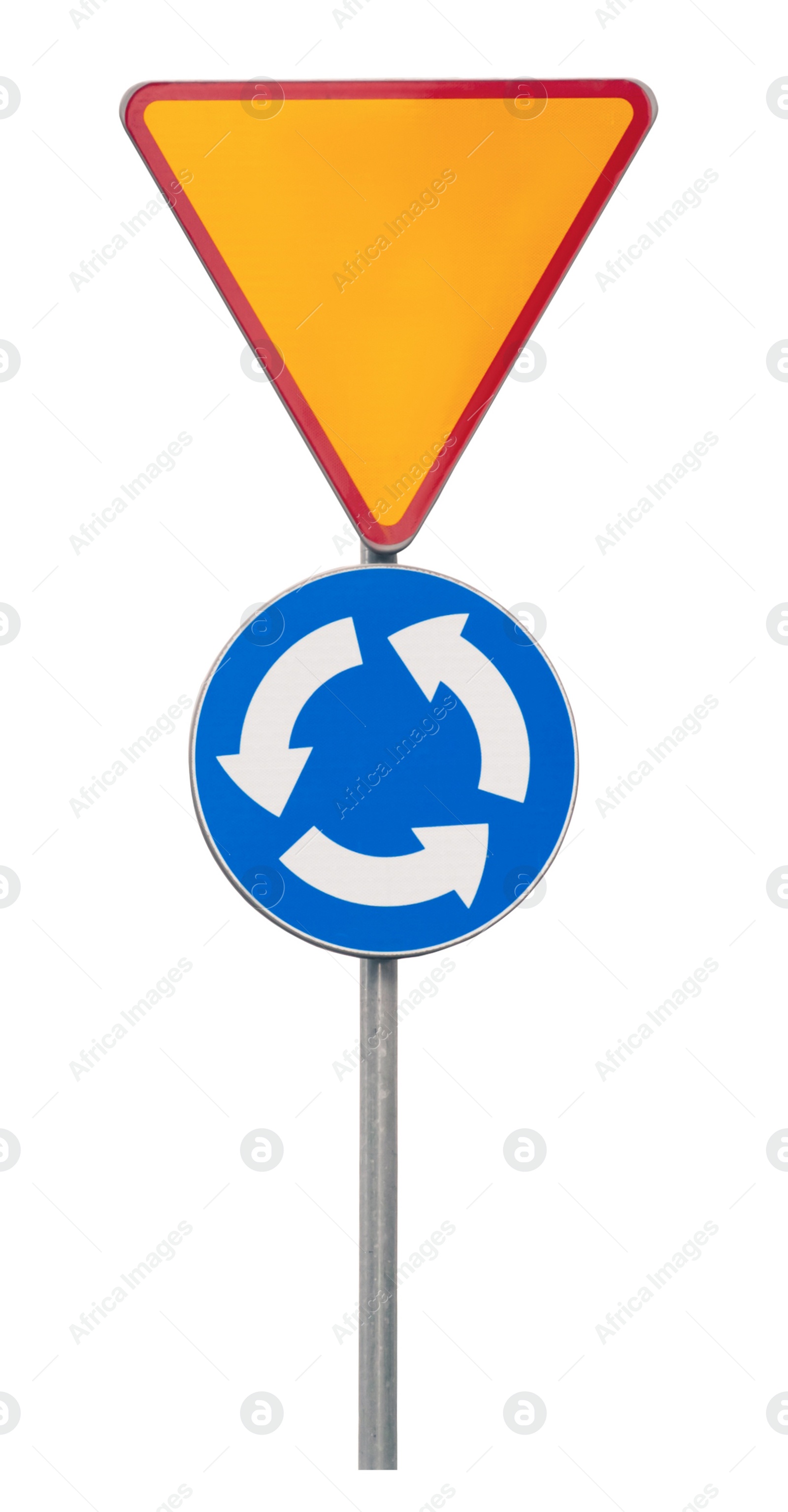 Image of Post with Roundabout and Yield road signs isolated on white