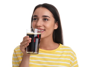 Beautiful woman with cold kvass on white background. Traditional Russian summer drink