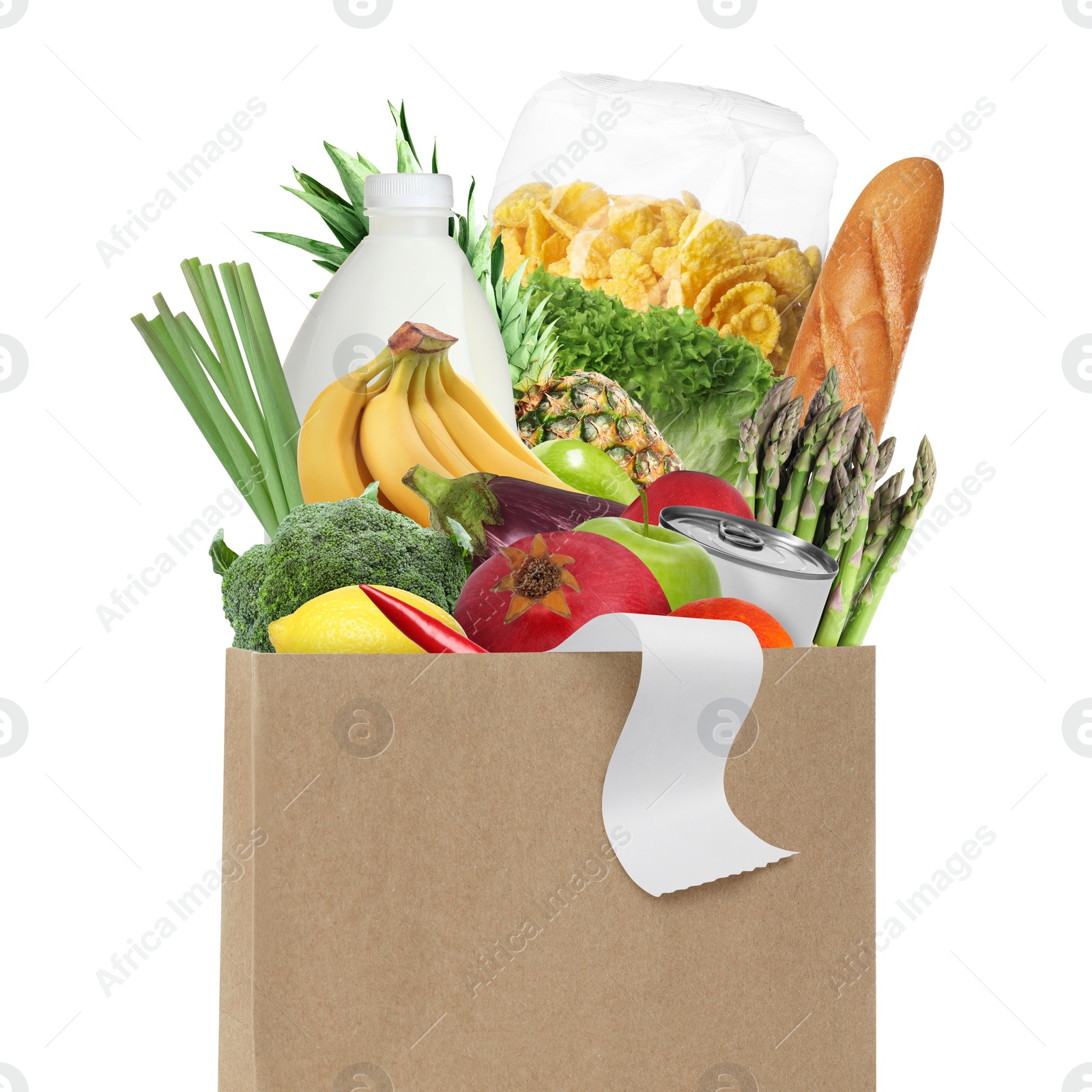 Image of Paper bag with different products and receipt isolated on white