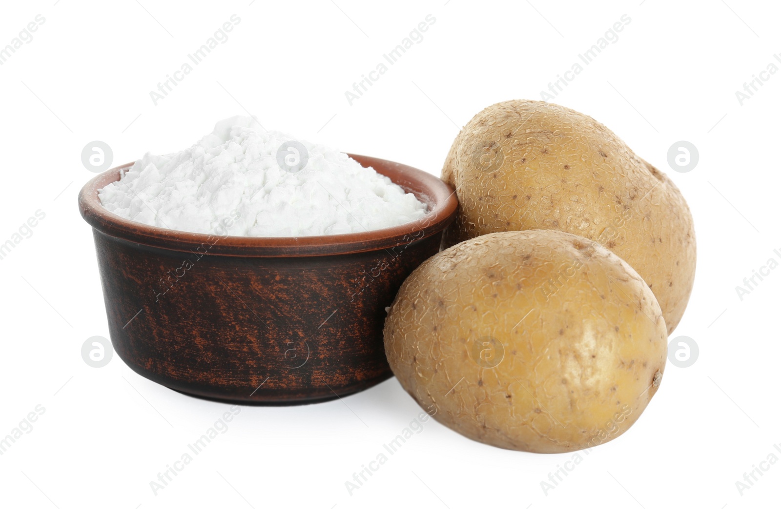 Photo of Bowl with starch and fresh potatoes on white background