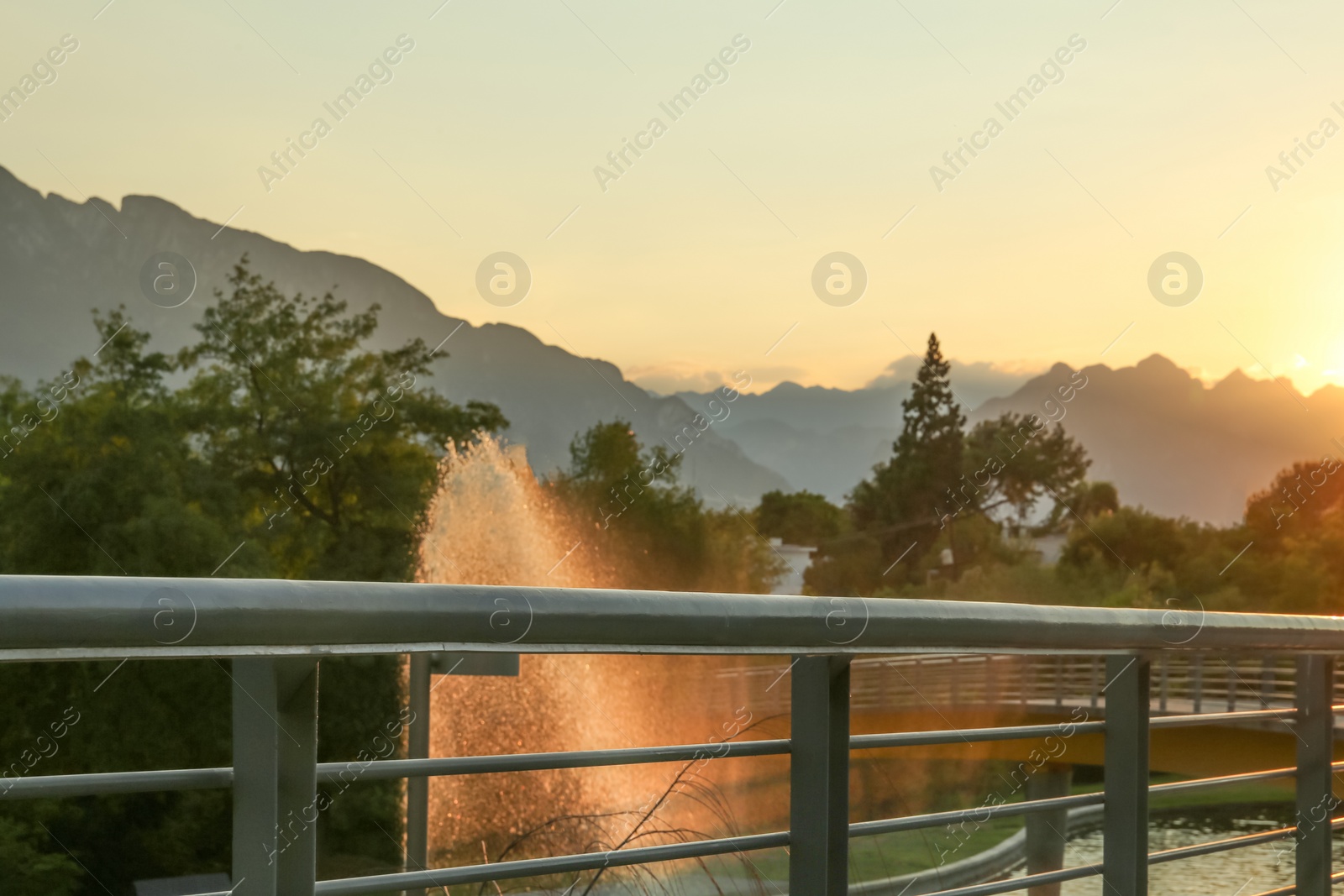 Photo of Bridge with metal handrails in park at sunset