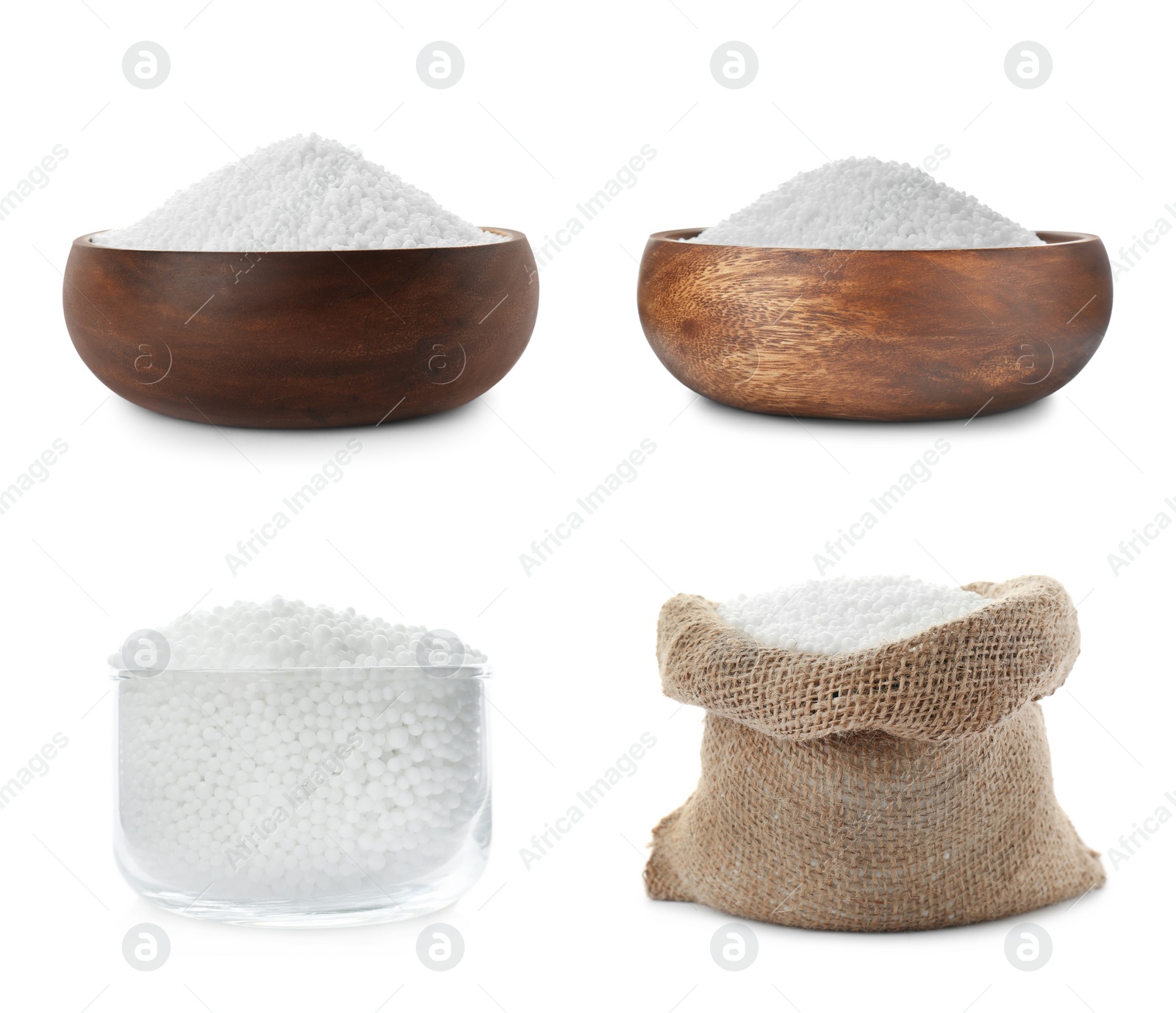 Image of Set with ammonium nitrate pellets on white background. Mineral fertilizer