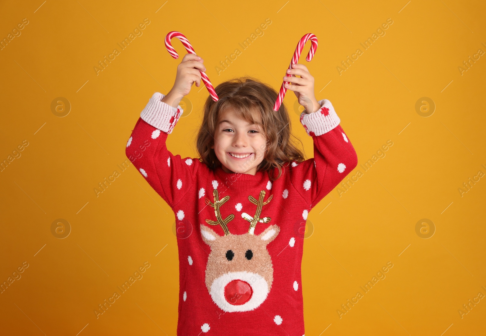 Photo of Cute little girl in Christmas sweater holding sweet candy canes near head against orange background