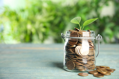 Photo of Glass jar with coins and green plant on light blue wooden table