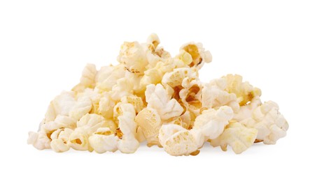 Photo of Fresh popcorn isolated on white. Tasty snack