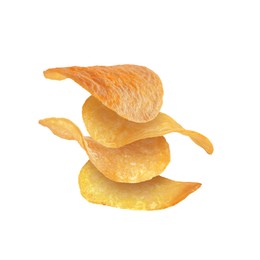 Stack of tasty potato chips falling on white background