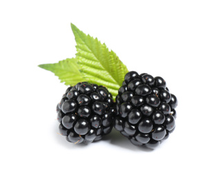 Photo of Delicious fresh ripe blackberries with leaves isolated  on white
