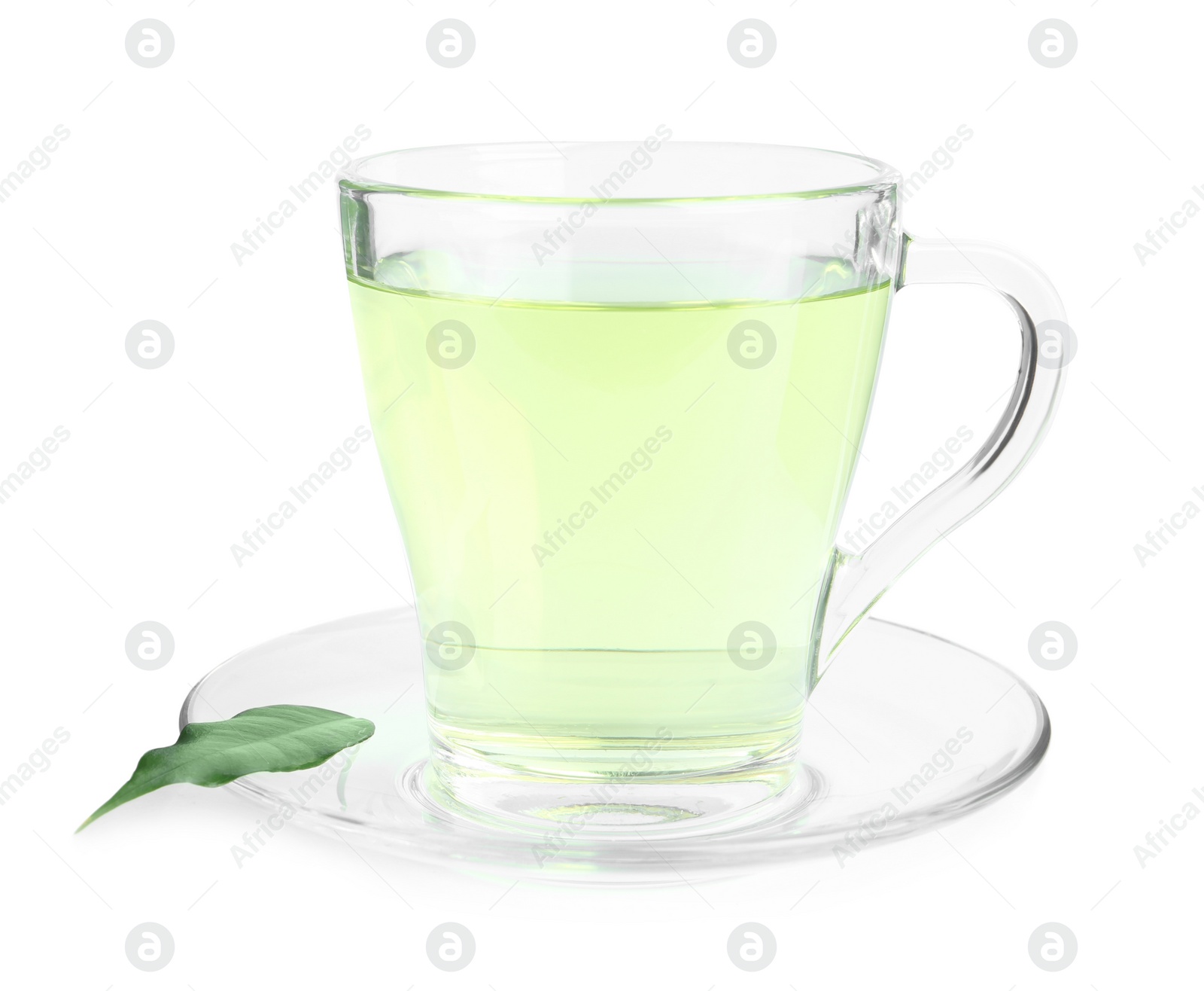 Photo of Cup of aromatic green tea and leaf isolated on white